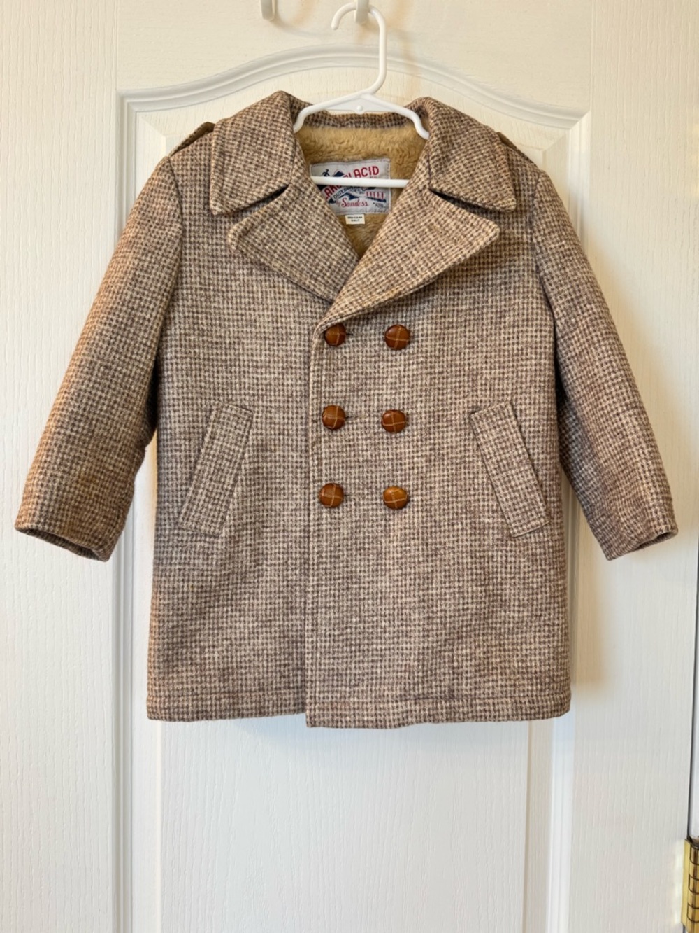 Vintage Lake Placid Boys Houndstooth Wool Double-Breasted Coat  Size 5